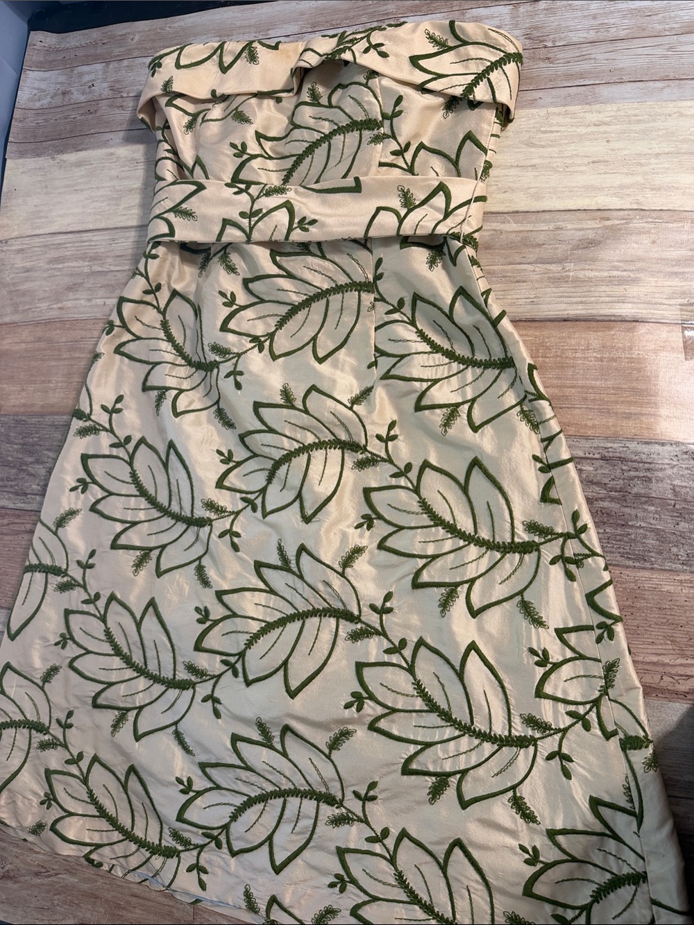 Strapless CK Bradley Cream Dress with Green Floral Embroidery Lined Belted